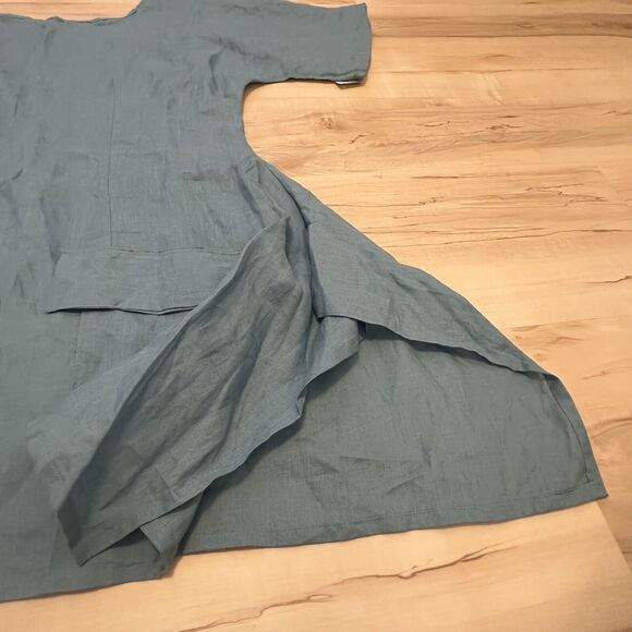 Handmade Woman 1X 100% Linen Top Tunic Short Sleeve Pockets Lagenlook Blue New - Picture 5 of 7
